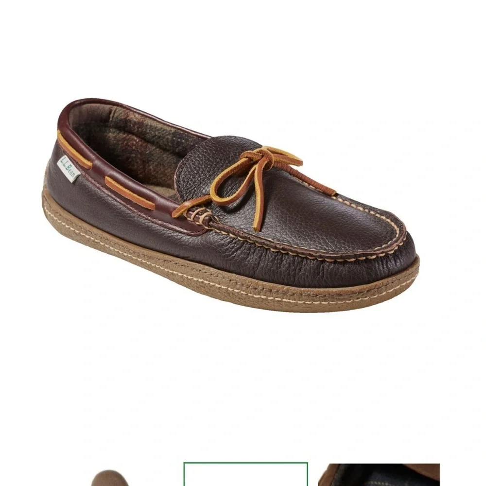 L.L. Bean Men's Brown Leather Loafers Handsewn Slippers, Flannel-Lined brand new